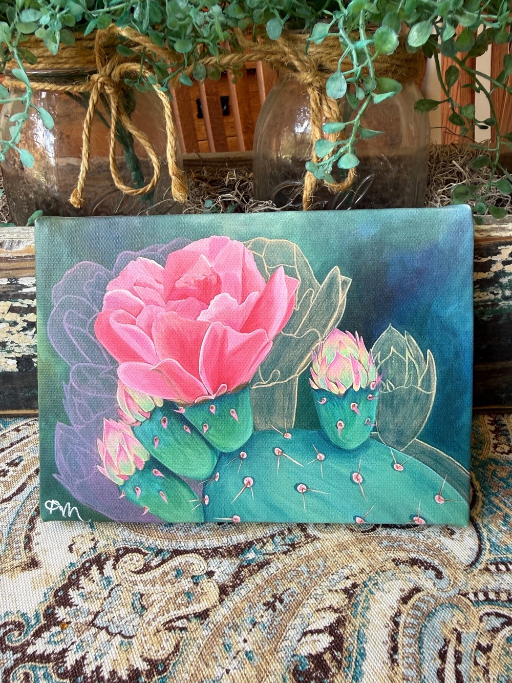 Hand Painted Prickly Pear Cactus Flower Original Canvas Art 7x5